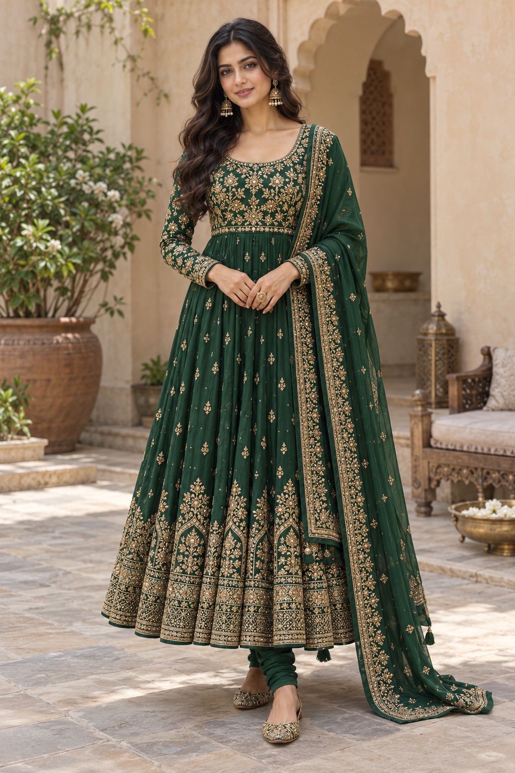 Emerald green wedding anarkali with gold embroidery and dupatta