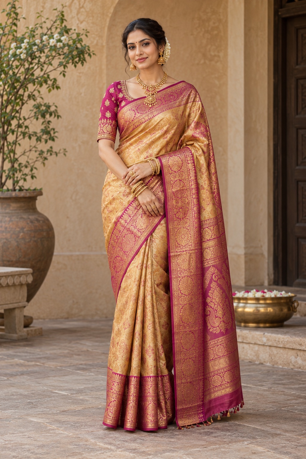 Gold and magenta silk wedding saree with traditional zari motifs