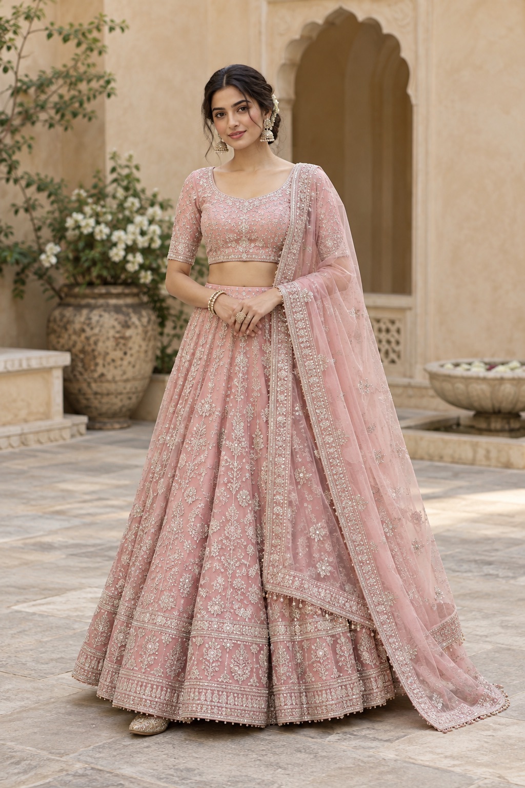 Blush pink wedding lehenga with silver embroidery