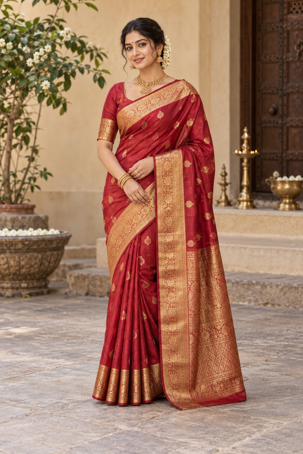 Crimson Kanchipuram silk wedding saree with a gold zari border