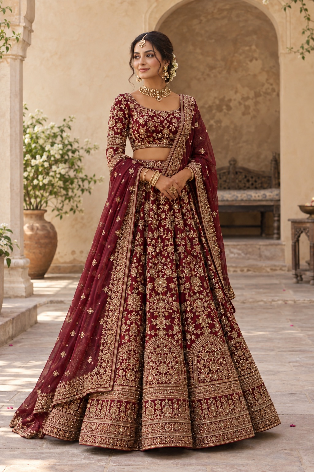 Burgundy bridal lehenga with gold embroidery and dupatta